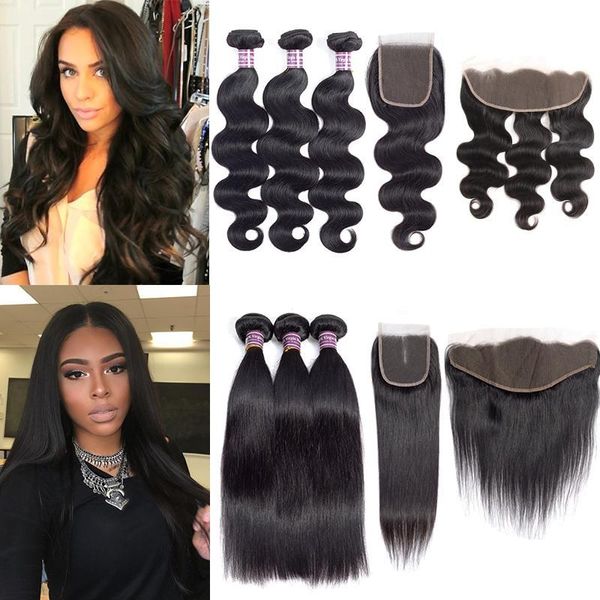 

brazilian virgin hair with closure straight body wave human hair 3 bundles with lace frontal unprocessed remy human hair weaves wholesale, Black;brown
