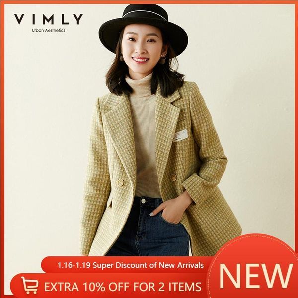 

vimly winter wool coats and jackets for women vintage notched double breasted plaid blazers elegant female overcoat f53751, Black