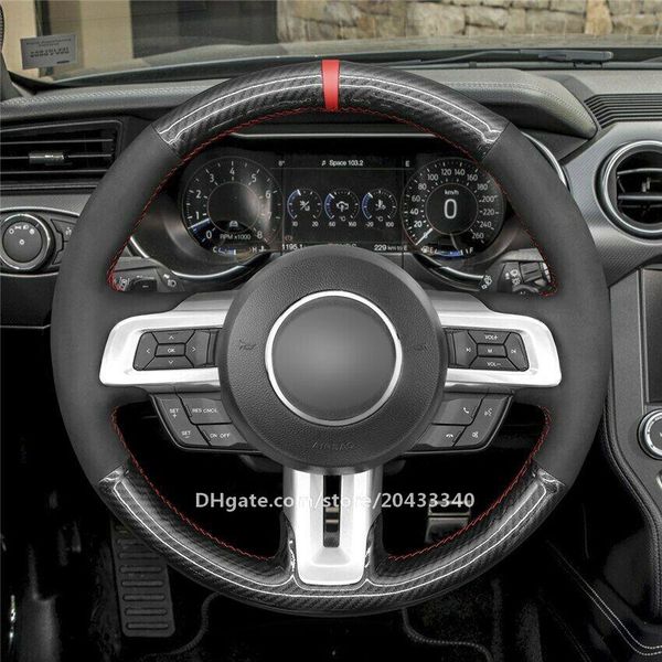 

black pu carbon fiber suede car steering wheel cover for ford mustang 2015 -2020