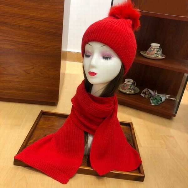 

2020 new cotton knitting red hats with red hair ball and red scarves sets women winter comfortable warm sets, Blue;gray