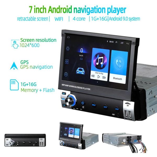 

car stereo navigation with quad-core 7inch capacitive retractable & flip out touch screen support bluetooth wifi gps android mp5