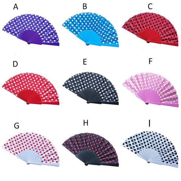 

9 colors elegant plastic spanish hand fans japanese polka dots hand folding fan gifts