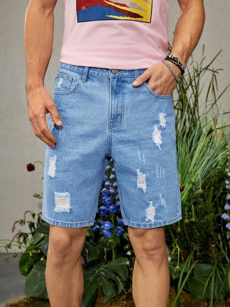 

men slant pocket ripped denim shorts f3mt#, Blue