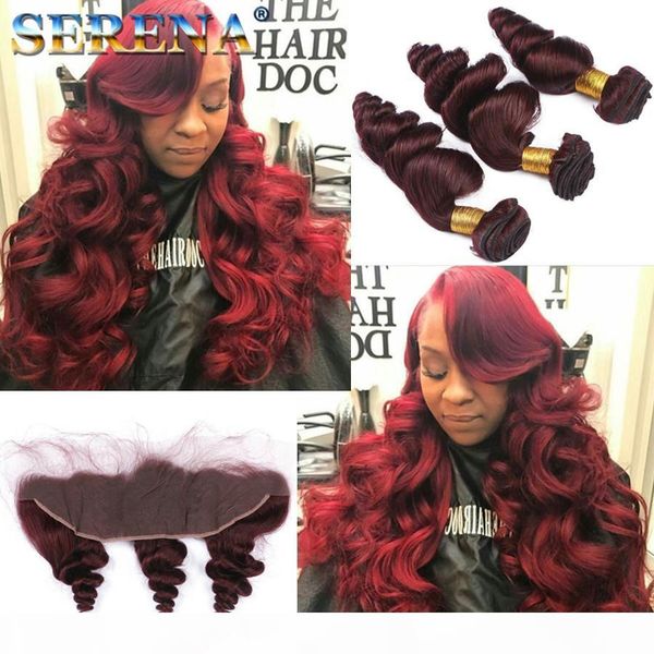 

funmi wine red virgin hair bundles #99j human hair weaves 30inch loose wave brazilian hair 3 bundles with closure bundles with frontal, Black;brown