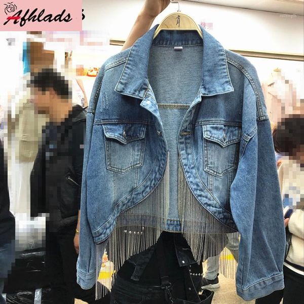 

2020 new spring and autumn tassel chain patchwork denim jacket women short korean outerwear women fashion asymmetrical jacket1, Black;brown