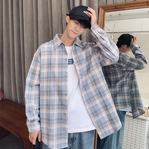 

perth cotton autumn new men's casual coat loose lovers small shirtshirt shirtfresh check shirt unwtv, Blue