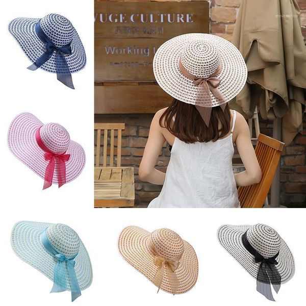 

summer wide brim straw hats women big sun uv protection panama floppy hats bowknot beach foldable lady dress accessories1, Blue;gray