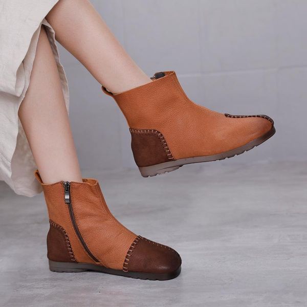 

boots 2021 autumn winter round head ankle women's genuine leather fashion flat retro color matching single, Black
