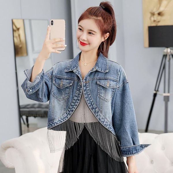 

oversize rhinestone denim jacket for women short diamond tassel high waist coat lady jackets 2020 new fashion streetwear loose1, Black;brown