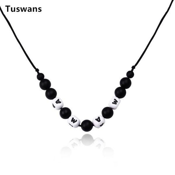 

pendant necklaces grade whit black beads silicone necklace letter cubic teething baby toys gifts(tssn014), Silver
