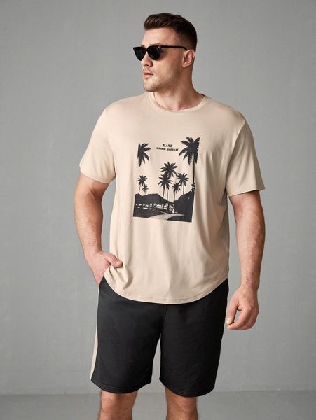 

extended sizes men slogan and palm tree print tee & shorts c1x8#, Gray