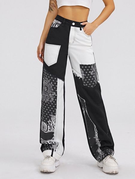 

graphic print colorblock patch pocket jeans f7ec#, Blue