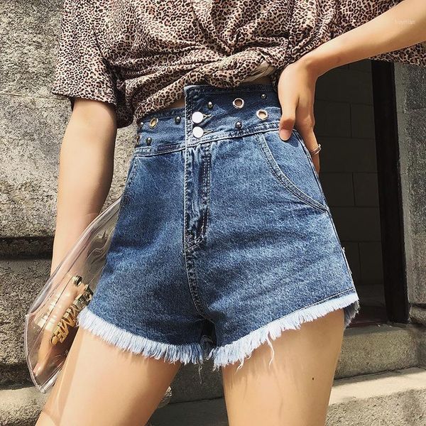 

summer ultra-high waist denim shorts female personality irregular shorts women retro loose boyfriend frayed blue jeans1