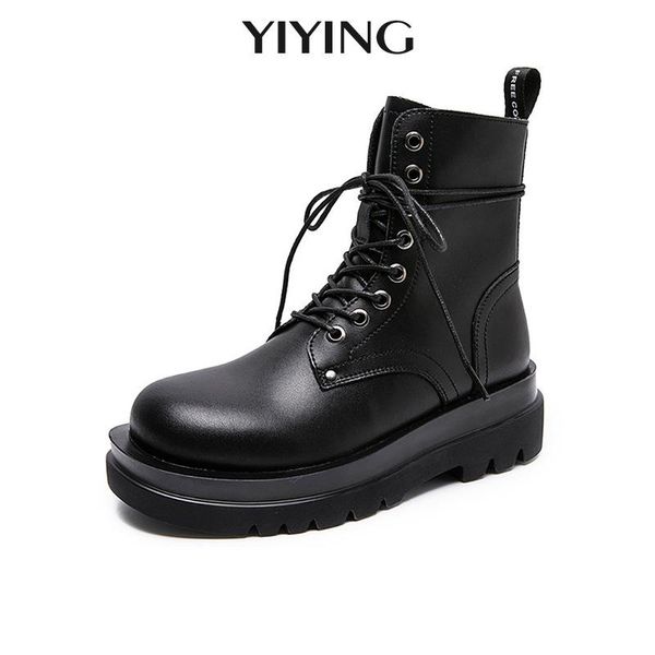 

boots black genuine leather ankle 2021 fashion lace up platform shoes for women chunky motorcycle