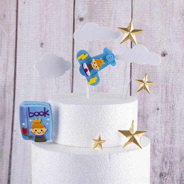 

pe3t1 baking cake decoration wire little prince bag cake steel wire steel wirecard material plane clouds boy blue stars card pgymp