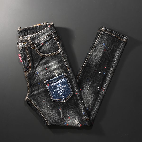 

2021 new fashion streetwear men retro black gray painting designer ripped jeans patch pocket slim fit elastic hip hop pencil pants n9ft, Blue