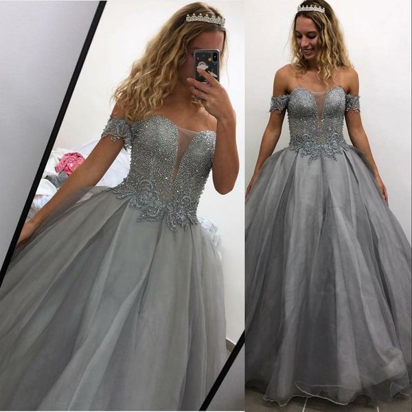 

off shoulder gray quinceanera dresses ball gown illusion lace crystal beading tulle sweet 16 formal party dress prom evening gowns, Blue;red
