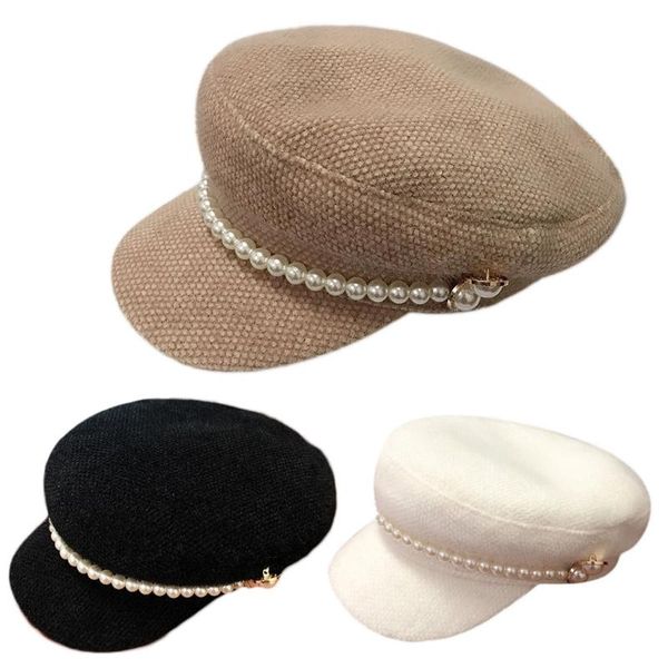 

women winter warm vintage beanie navy hat imitation pearl buttons beaded thicken faux fur lady newsboy elegant beret cap, Blue;gray