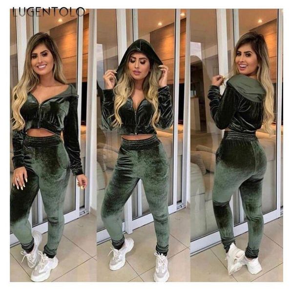 

women's tracksuits women two piece set hooded zipper long sleeve short sports casual solid straight pocket pencil pants fashion lugento, Gray