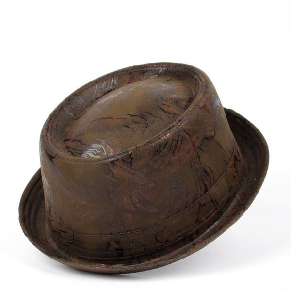 

leather pork pie hat for men flat fedora hat gentleman dad bowler porkpie jazz big 4size s m  xl, Blue;gray