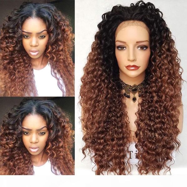 

dark brown human hair wig ombre full lace wigs virgin inidan hair kinky curly glueless lace front wig two tone color #1b #8, Black;brown