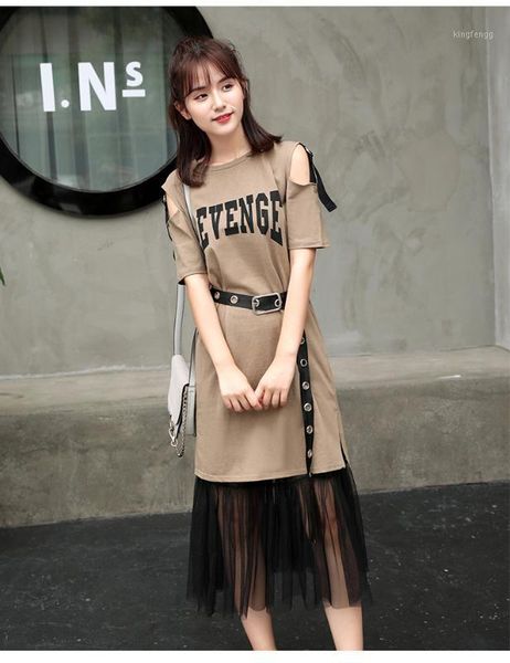 

women print letters long t-shirt hole + long mesh skirt 2 pieces sets 2020 summer design womans sashes clothing suit1, White
