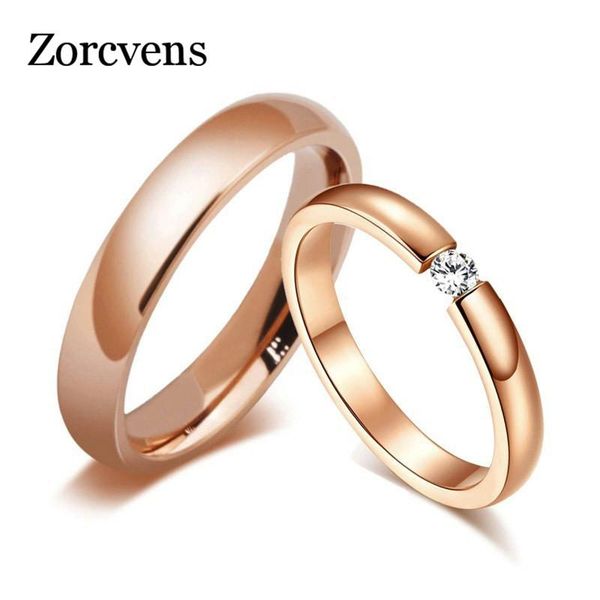 

wedding rings modyle trendy bright 585 rose gold tone engagement for couples stainless steel with cz stone men women bands, Slivery;golden