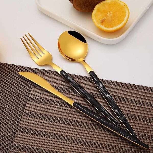 

304 stainless steel gold restaurant royal plastic handle wedding cutlery spoon fork knife flatware set1