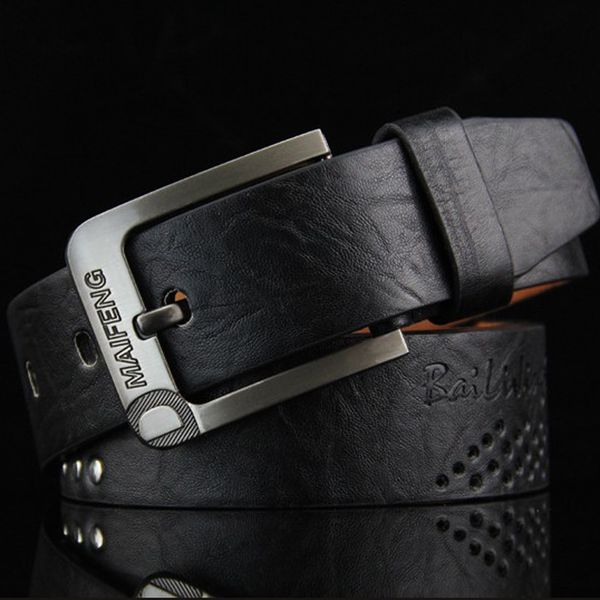

2019 leather men classic pin buckle men's luxury genuine punk rivet waist belt vintage metal embossing mens belts hot, Black;brown