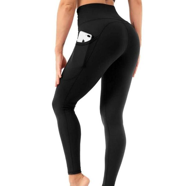 

headbands women yoga pants with pockets high waist sports gym wear leggings elastic fitness lady overall full tights workout, Black