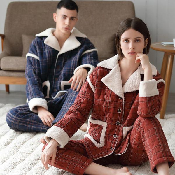 

autumn and winter couple pajamas woven composite velvet classic plaid men pajamas can wear red ladies home clothes dormir, Black;brown