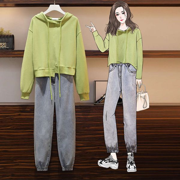 

large women's wear fat mm fashionable age reduction foreign style loose cover belly show thin hooded sweater jeans radish pants set, Black;gray