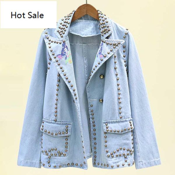 

2020 spring autumn vintage heavy embroidery rivet denim jacket coat women casual loose jeans jackets ladies solid female, Black;brown