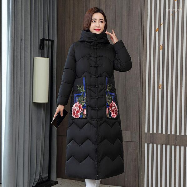 

women's down & parkas women's winter jacket x-long floral print with embroidery woman chinese style hooded plus size stand collar, Black