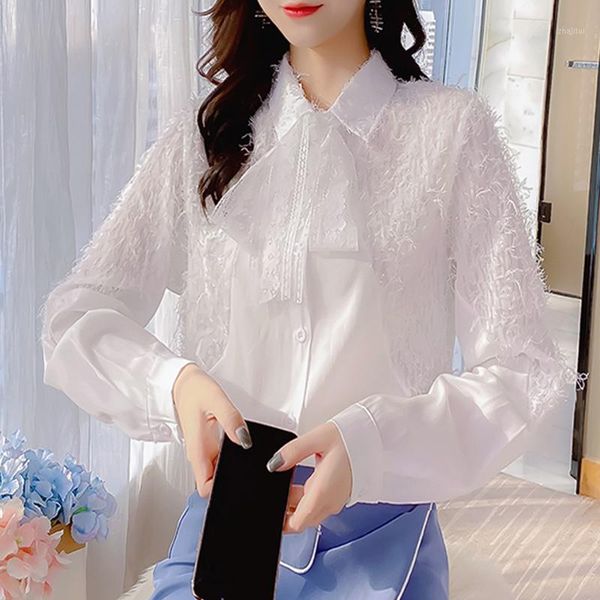 

tassel chiffon blouse korean 2020 new autumn elegant female long sleeve office shirt fashion bow chiffon stitching women 1, White