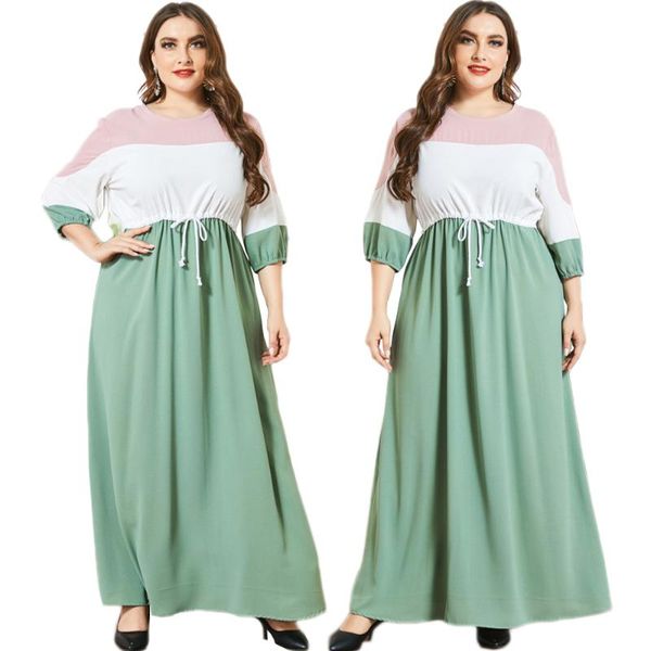 

abaya muslim women long dress turkish dubai arab jilbab maxi robe gown patchwork color block drawstring 3/4 sleeve plus size new, Red
