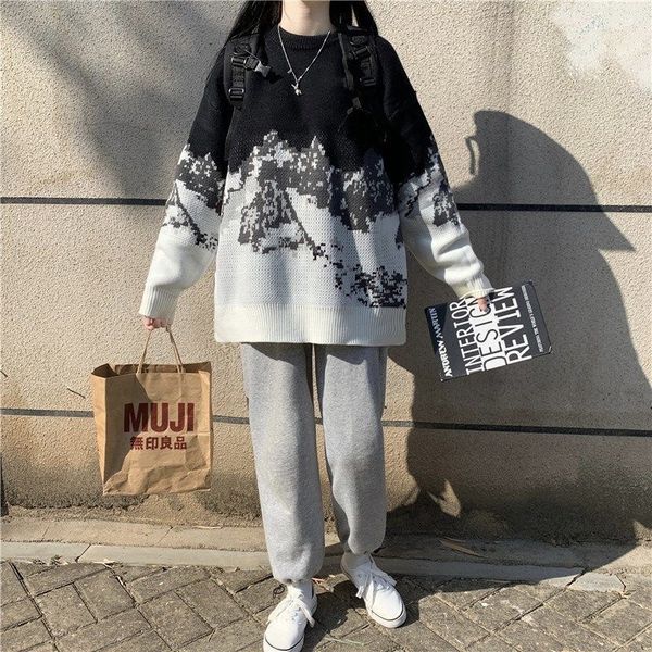 

2021 new warm academic winter around the neck jumper pattern jacquard students female sweater loose leotard vr2a, White;black