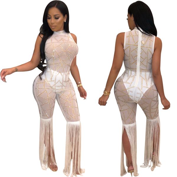 Sparkly Rhinestone Sexy Party Jumpsuit Mulheres Sheer Malha Bodysuit ver através de Clubwear Bottom Fringe Tassel Plays