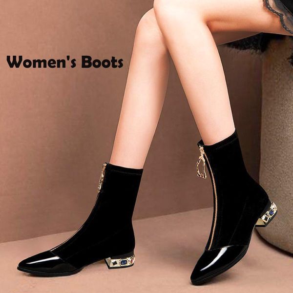 

boots women's british short rhinestone mid-heel mid-tube half elastic boot fashion stretch flock leather, Black