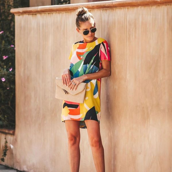 

round neck contrast print dress, Black;pink
