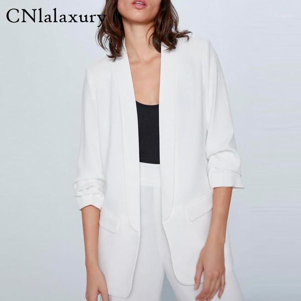 

women 2020 office wear basic blazer coat feminino vintage rolled-up sleeves pockets suit jacket female outerwear chic 1, White;black