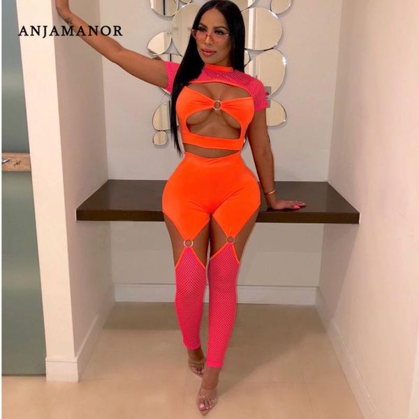 

anjamanor neon orange mesh two piece set crop pants summer outfits for women 2020 2 piece set festival club wear d37ae6, White