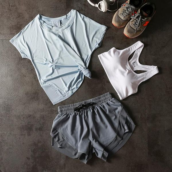 

yoga outfits sport short for women sportswear+workout clothe hollow back design t-shirt bra set gym run quick dry sports suit 3 pcs, White;red