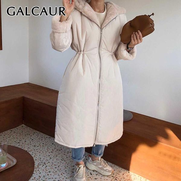 

galcaur patchwork fur parkas for women hooded collar long sleeve high waist oversized thick casual coats female 2020 new clothes, Black