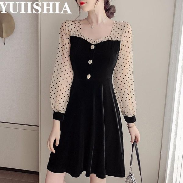 

women dress plus size spring fashion v-neck splicing ruffles a-line above knee, mini button decoration button 2021, Black;gray