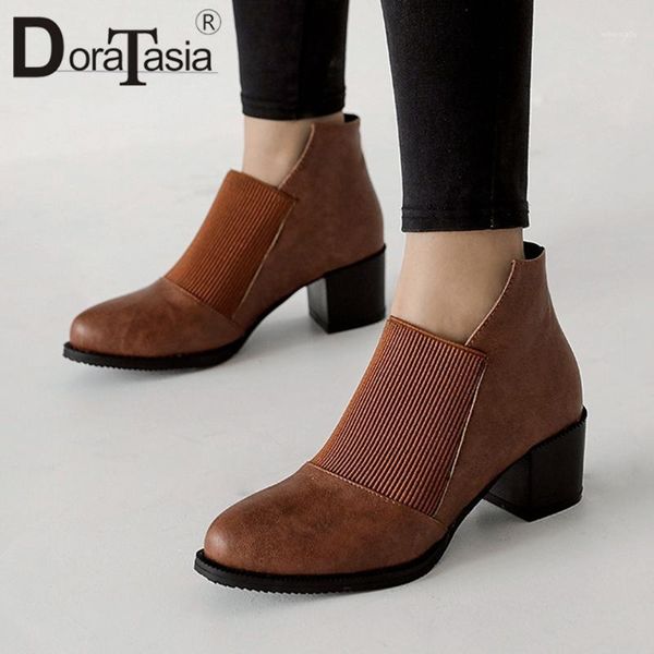 

boots doratasia ladies elegant patchwork med chunky heels office women concise slip-on ankle shoes woman1, Black