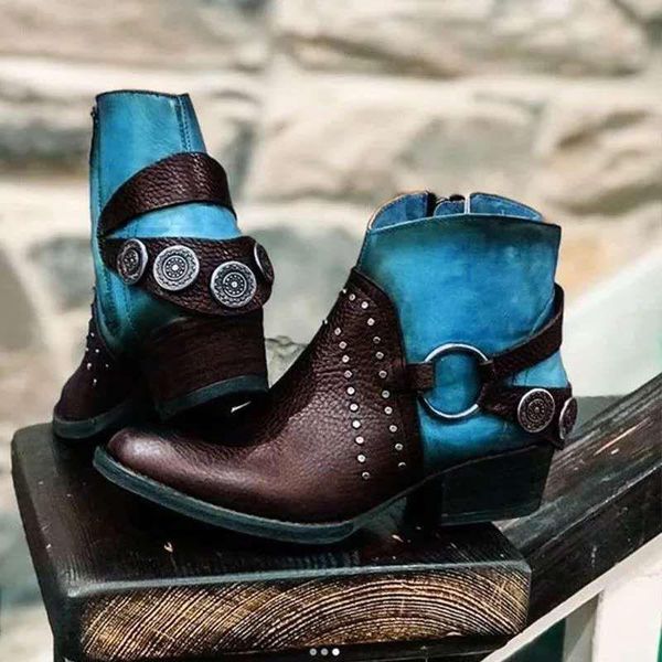 

boots women rivet ankle 2021 ladies western riding woman chunky heels female mixed color fashion platform slip-on shoes, Black