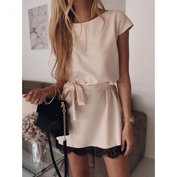 

women dress summer short sleeve o neck casual loose dress with belt female street dress lace patchwork femme vestidos sj2978c, Black;gray