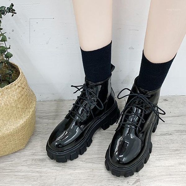 

boots women ankle pu leather lace-up thick heel platform women's winter ladies shoes non-slip female 2021 fashion 1, Black