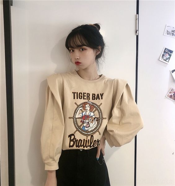 

s6233 pu xiaohua pofloret печати девочка sailor пузырь рукав универсальный шею длинным рукавом top coat футболка верхней футболка mrox6, White